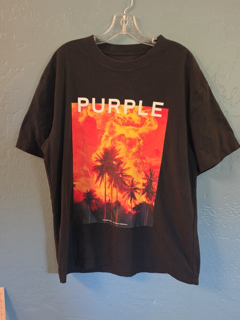 Purple Boxy Summer Time Black Graphic Palm-Print Tee L